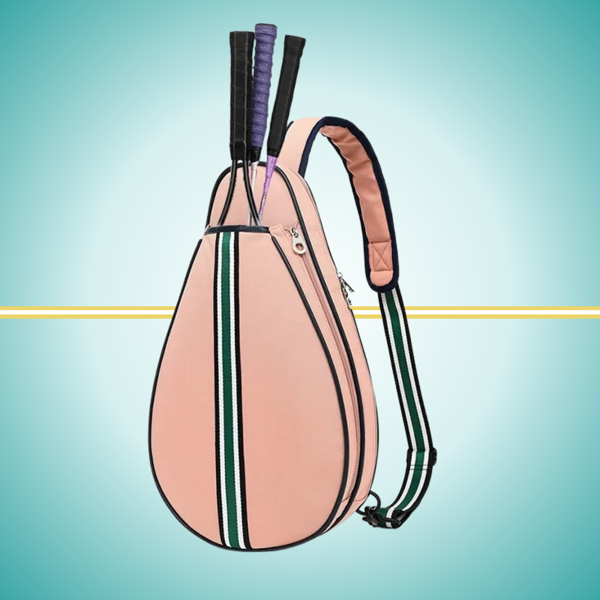 Vintage pink tennis sling bag with attached racket cover case on the front, shown displaying crossbody carrying strap and protective compartment