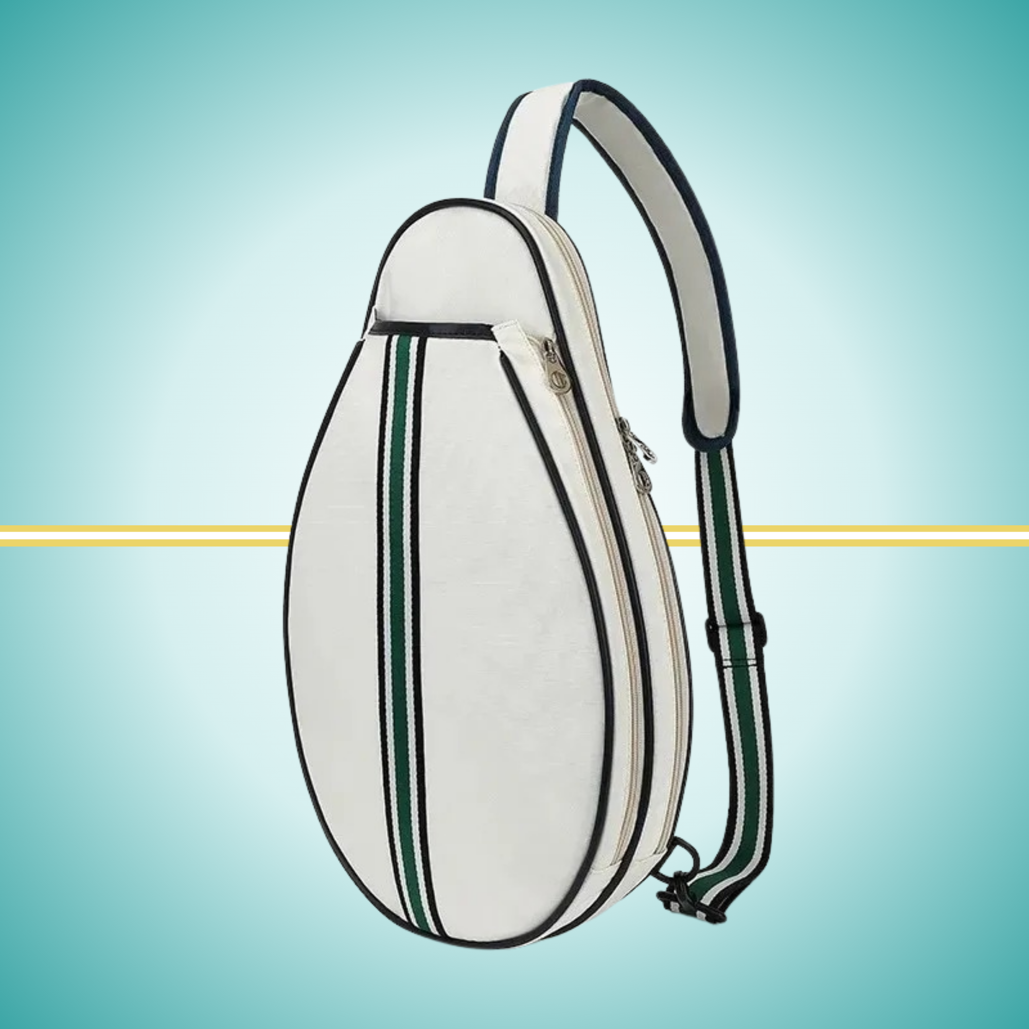 Vintage white tennis sling bag with attached racket cover case on the front, shown displaying crossbody carrying strap and protective compartment