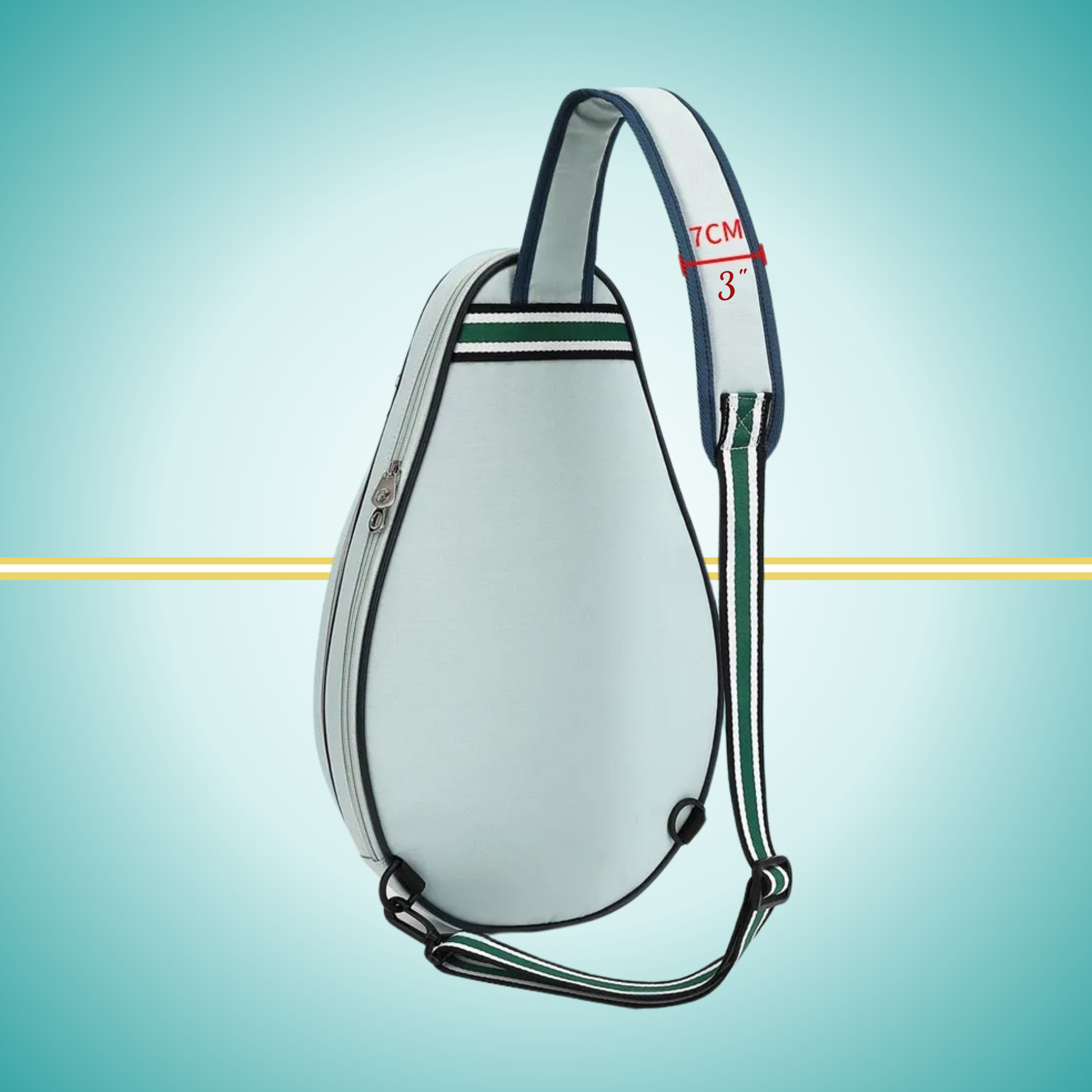 Vintage white tennis sling bag with attached racket cover case on the front, shown displaying crossbody carrying strap and protective compartment