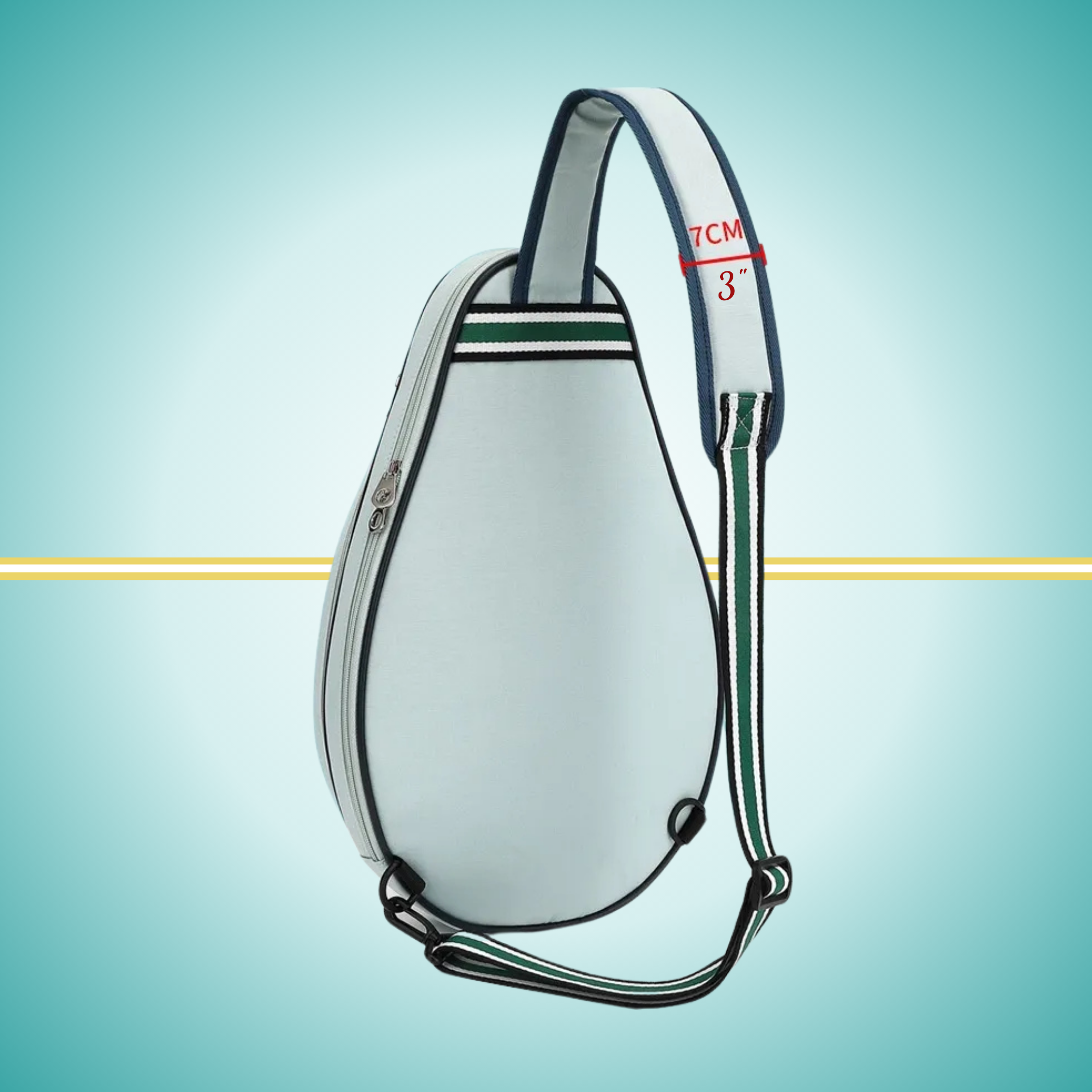 Vintage white tennis sling bag with attached racket cover case on the front, shown displaying crossbody carrying strap and protective compartment