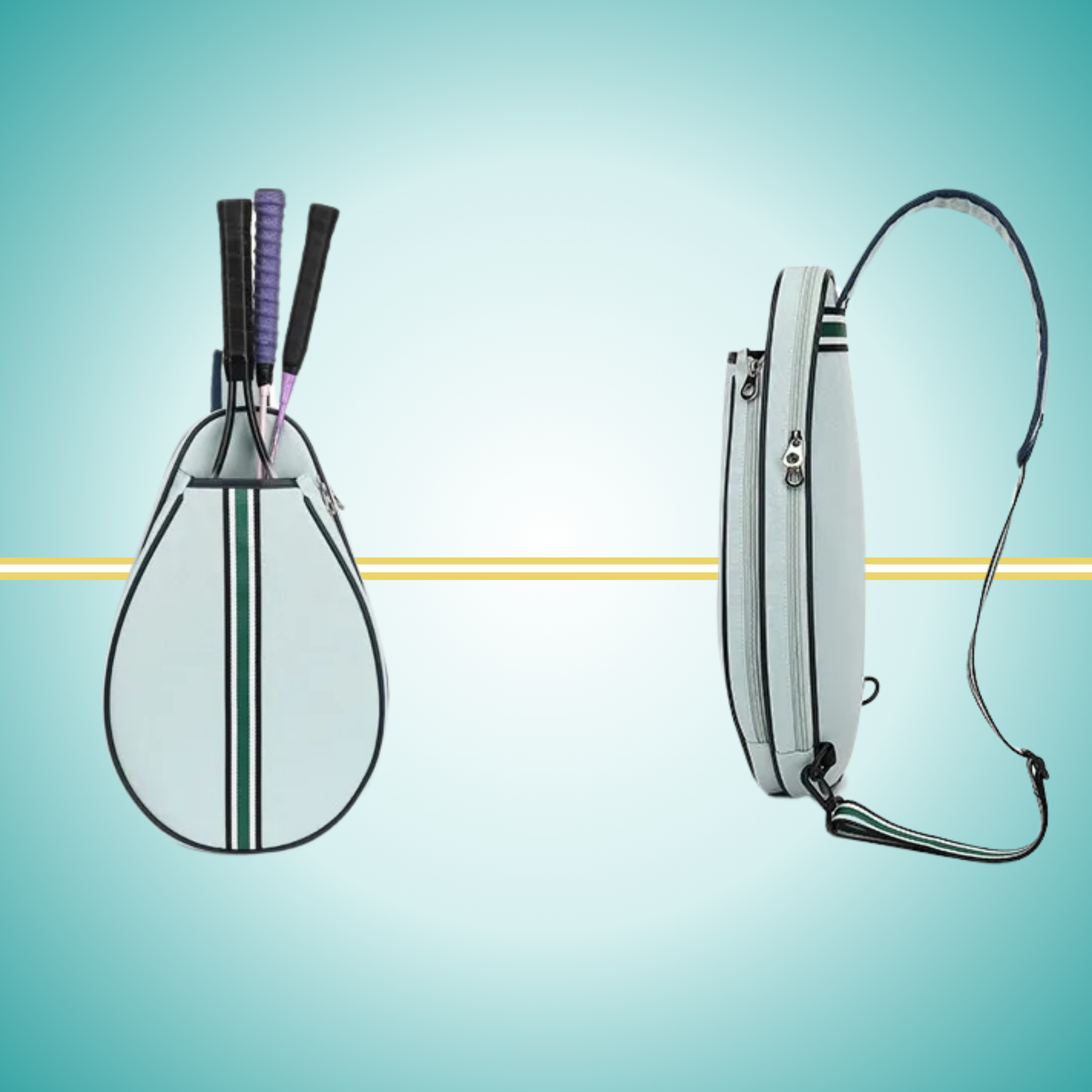 Vintage white tennis sling bag with attached racket cover case on the front, shown displaying crossbody carrying strap and protective compartment