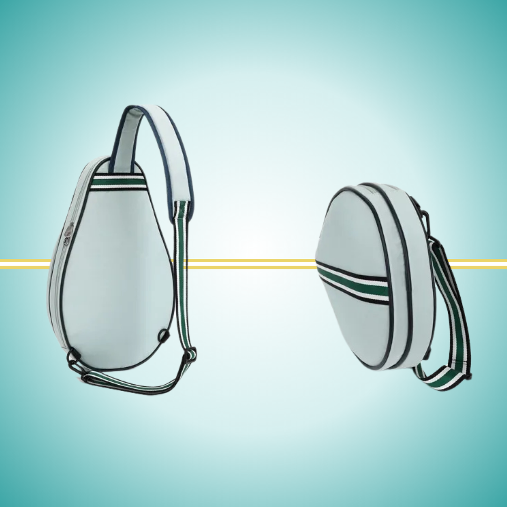 Vintage white tennis sling bag with attached racket cover case on the front, shown displaying crossbody carrying strap and protective compartment