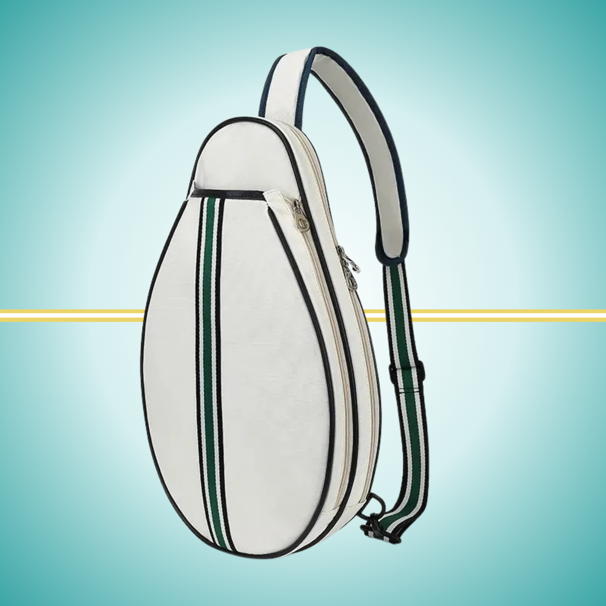 Vintage white tennis sling bag with attached racket cover case on the front, shown displaying crossbody carrying strap and protective compartment