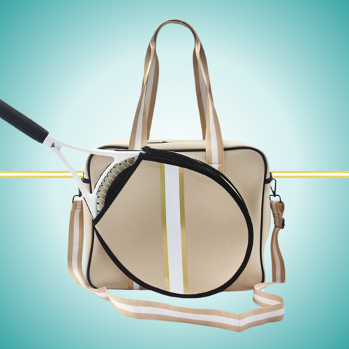 Gold tennis tote bag for women with  a racket cover on front and  crossbody strap, cute and stylish court accessory