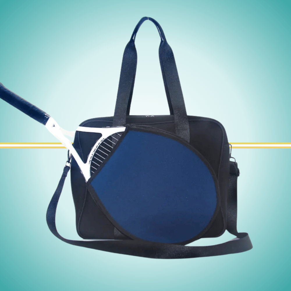 Blue tennis tote bag for women with  a racket cover on front and  crossbody strap, cute and stylish court accessory