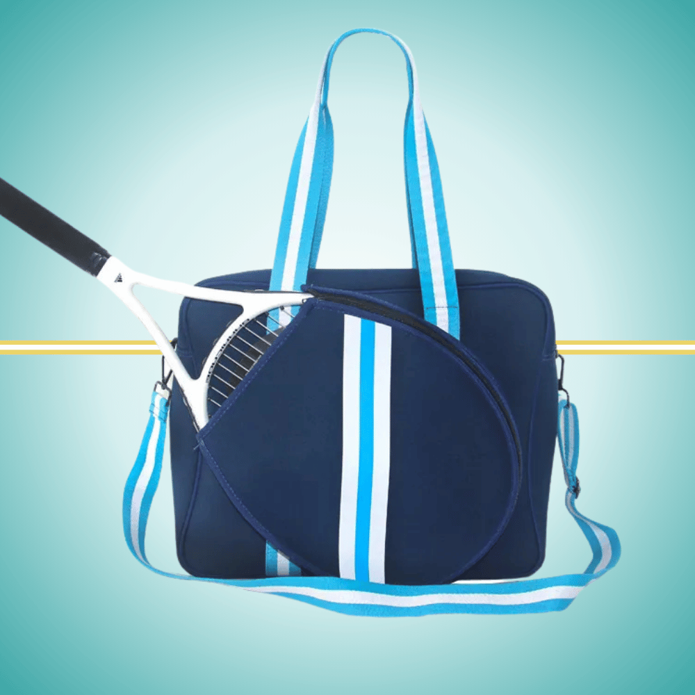 Blue tennis tote bag for women with  a racket cover on front and  crossbody strap, cute and stylish court accessory