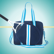 Blue tennis tote bag for women with  a racket cover on front and  crossbody strap, cute and stylish court accessory