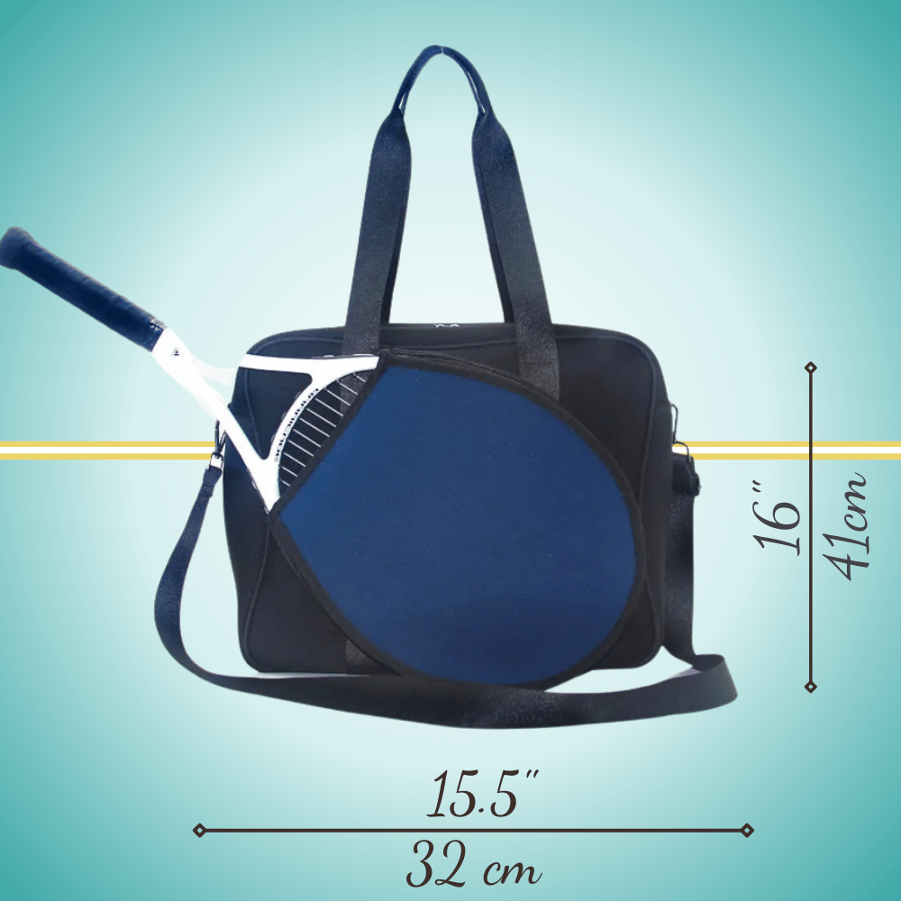 Blue tennis tote bag for women with  a racket cover on front and  crossbody strap, cute and stylish court accessory