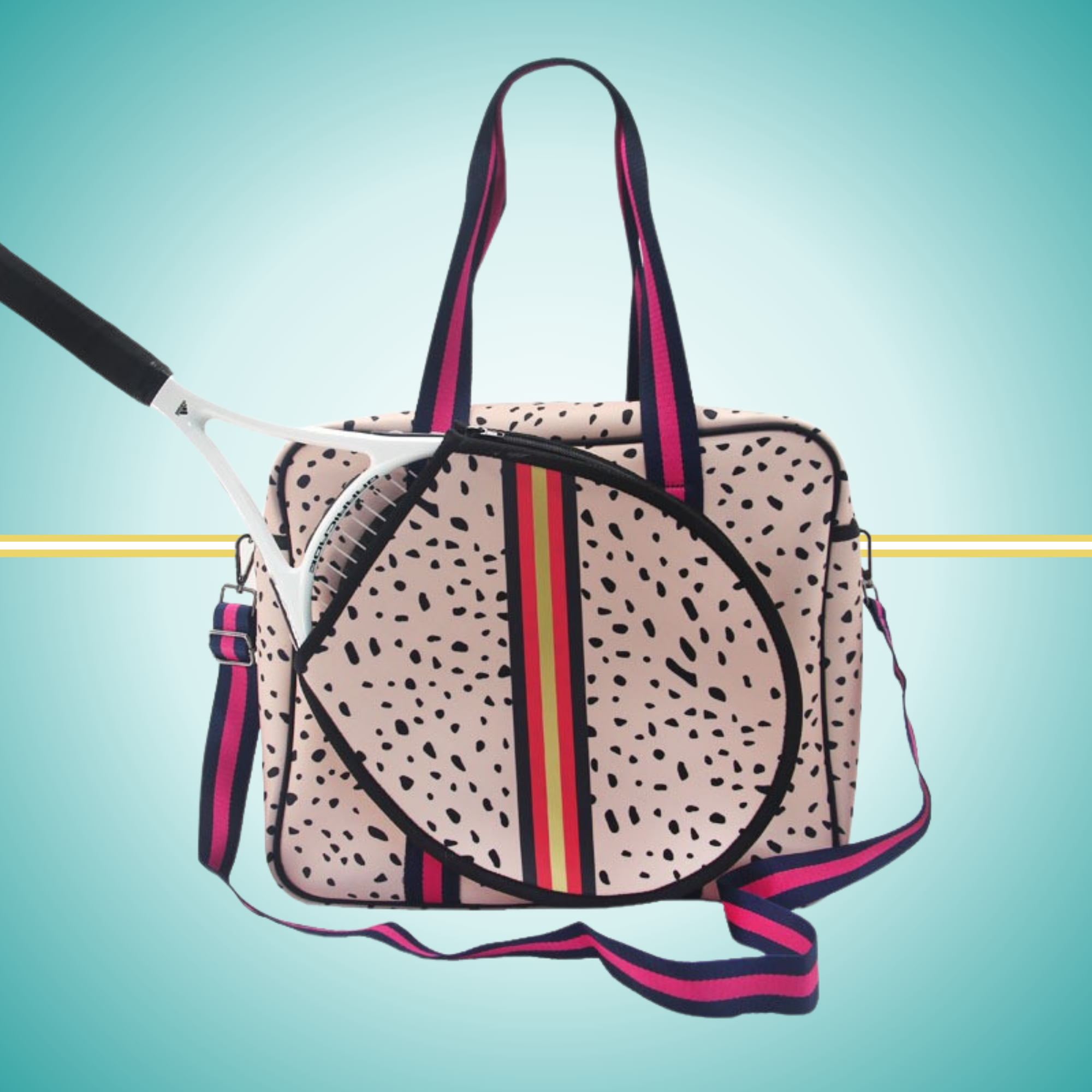 Pink tennis tote bag for women with  a racket cover and  crossbody strap, cute and stylish court accessory