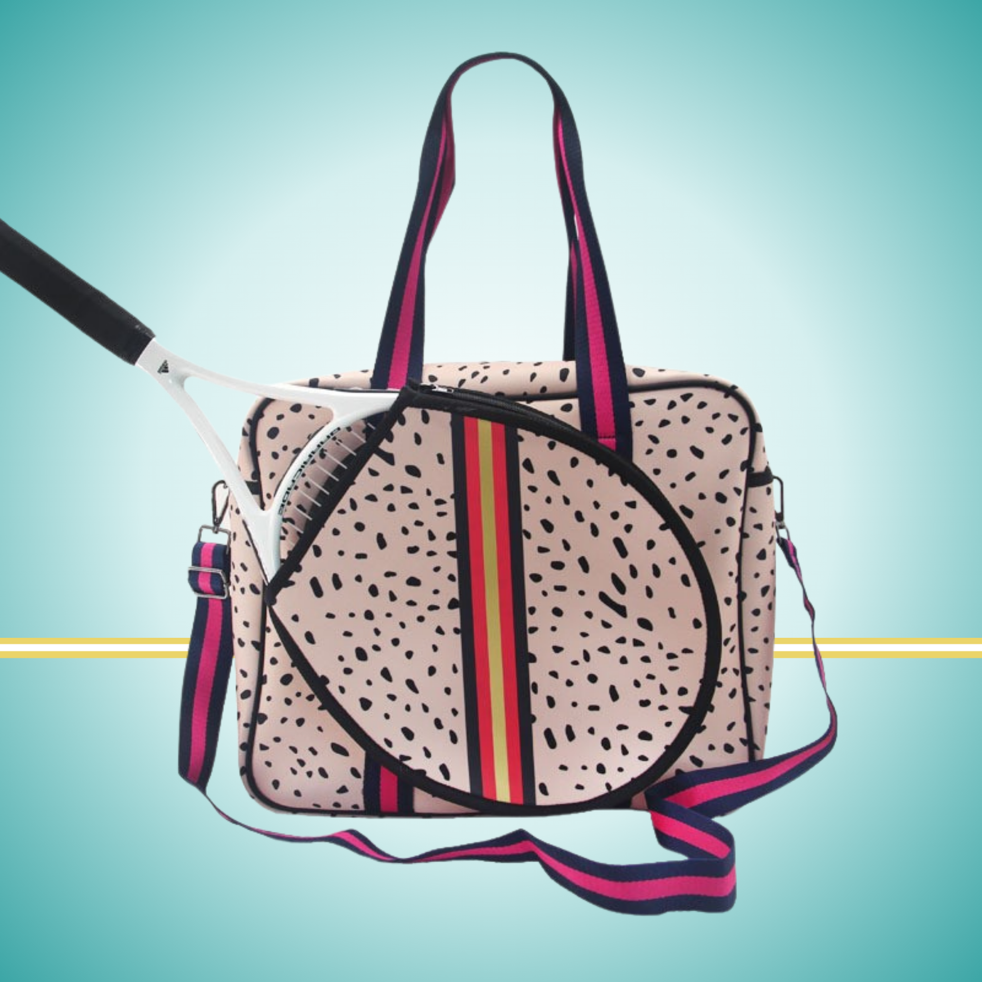 Pink tennis tote bag for women with  a racket cover on front and  crossbody strap, cute and stylish court accessory