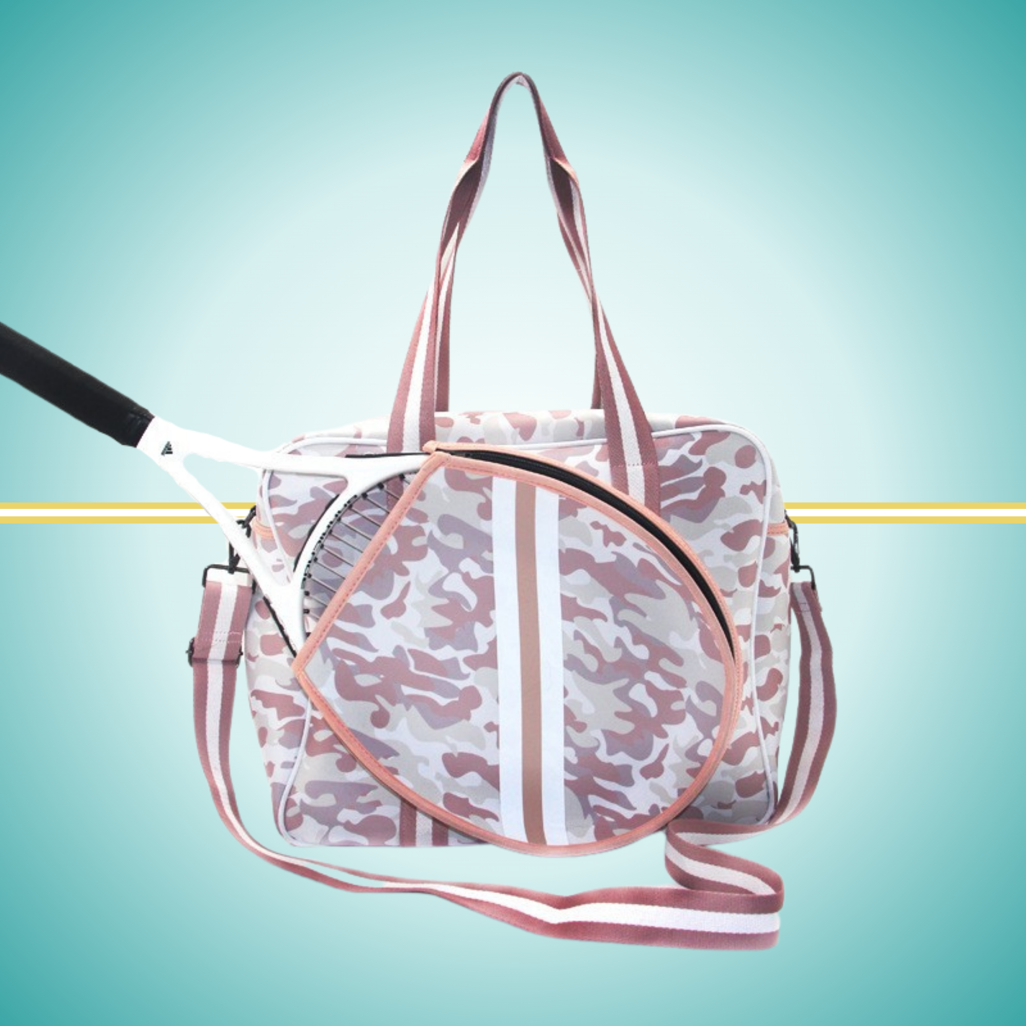 Rose gold  tennis tote bag for women with  a racket cover on front and crossbody strap, cute and stylish court accessory