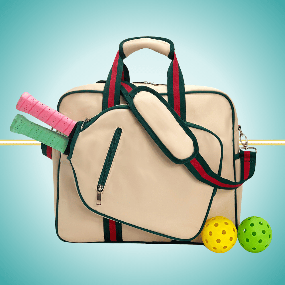 Vintage Pickleball Tote Bag for Women with two-paddle storage case, shown from front view