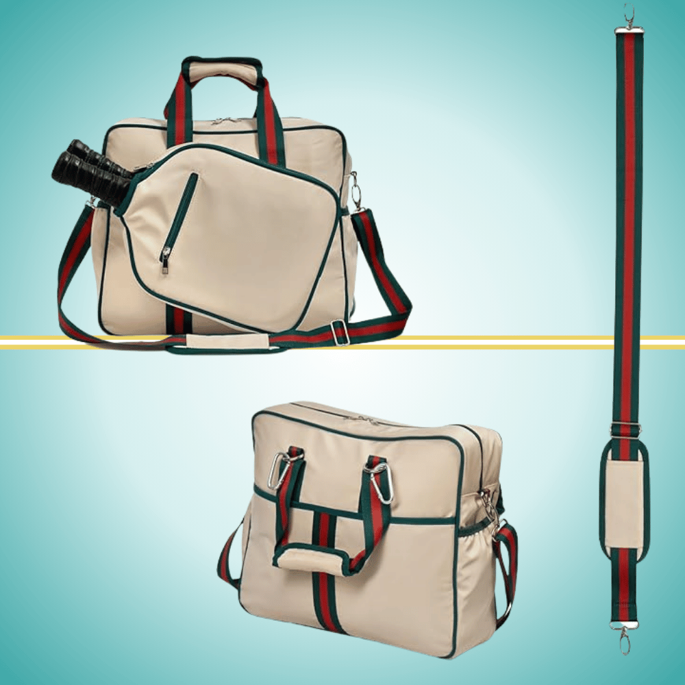 Vintage pickleball tote bag for women with two-paddle storage case, shown from front view