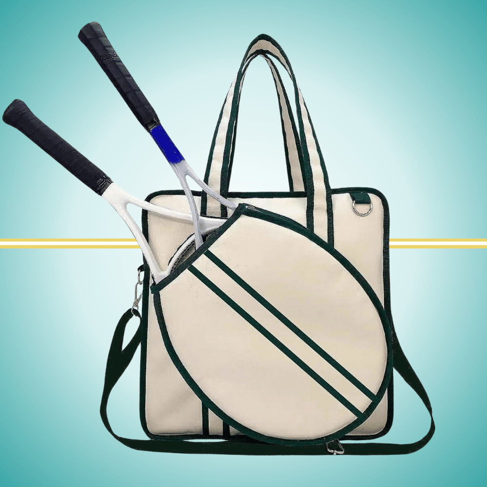 A vintage-inspired tennis tote bag for women, featuring an attached front racket case, an adjustable crossbody strap, and a crisp white design with classic green stripes.


