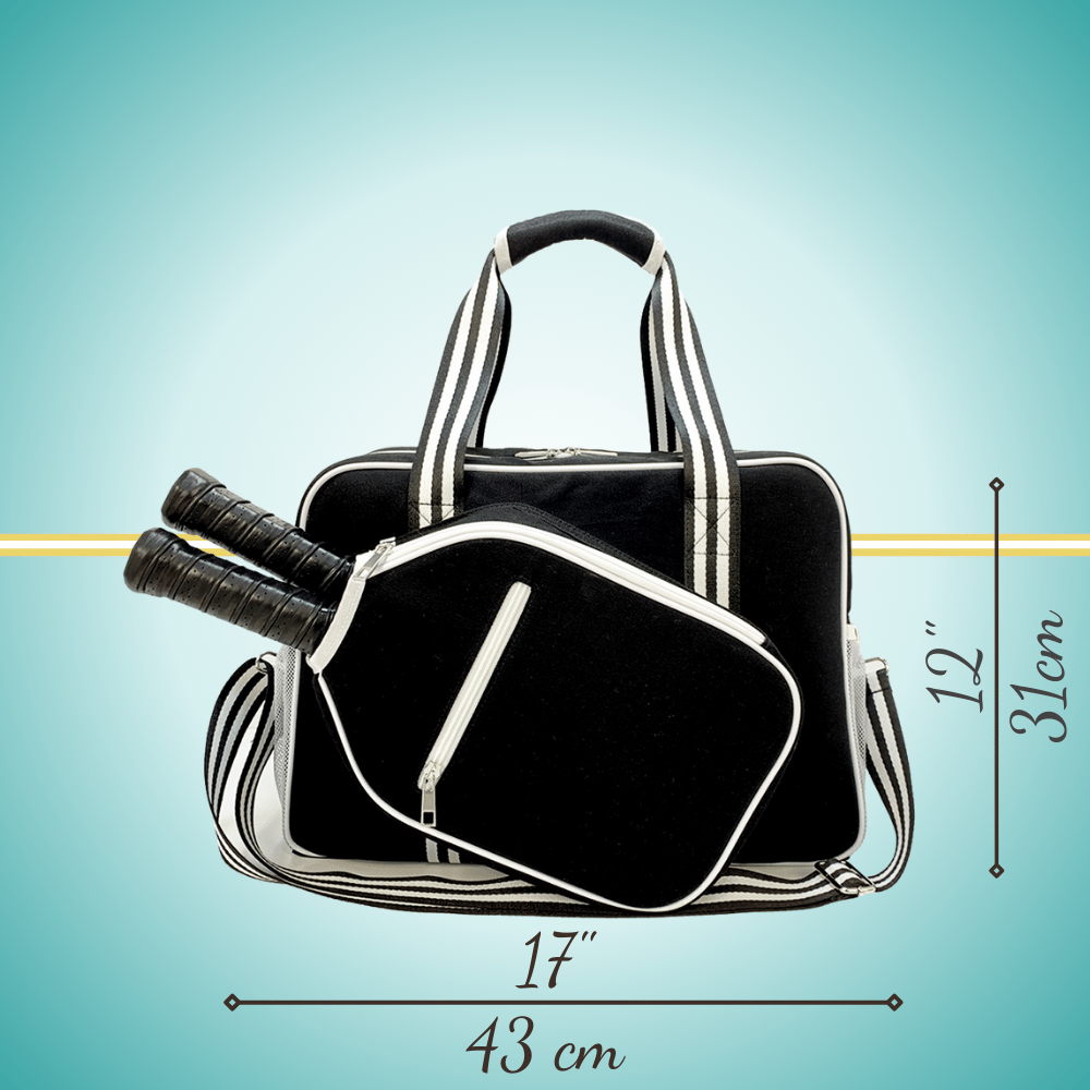 Black Pickleball Tote Bag for Women with two-paddle storage case, shown from front view
