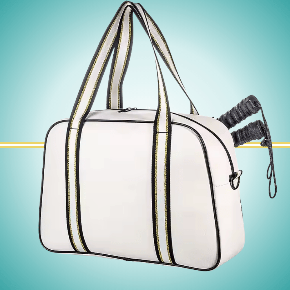 White pickleball tote bag for women with two-paddle storage case, shown from front view