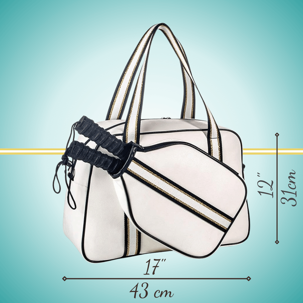 White pickleball tote bag for women with two-paddle storage case, shown from front view
