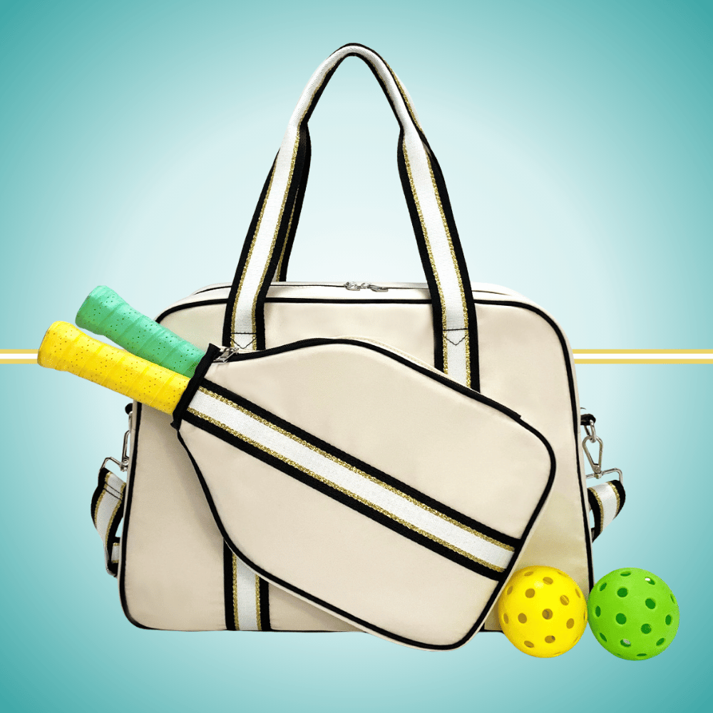 White Pickleball Tote Bag for Women with two-paddle storage case, shown from front view