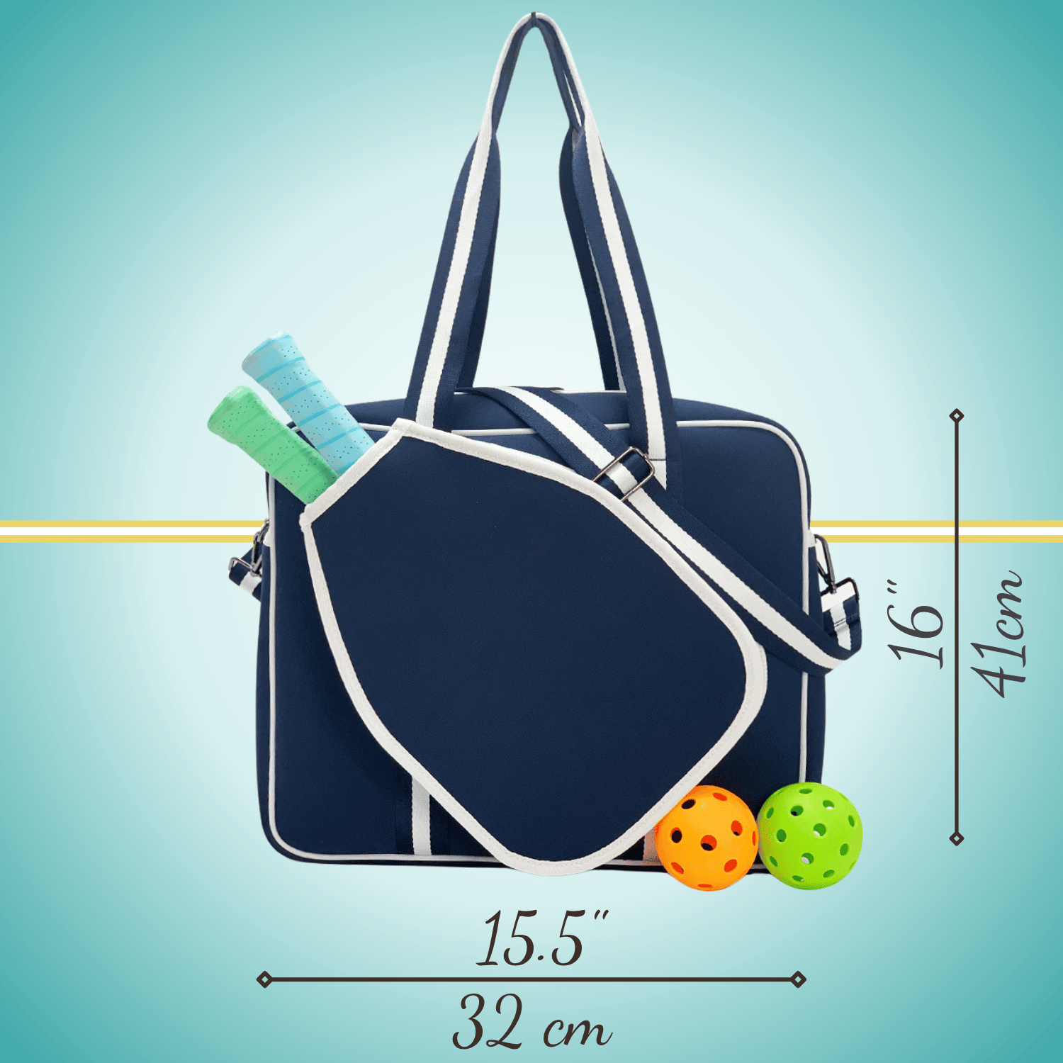 Navy women's pickleball tote bag with  white stripes, top handles, adjustable crossbody strap, and attached front paddle cover.