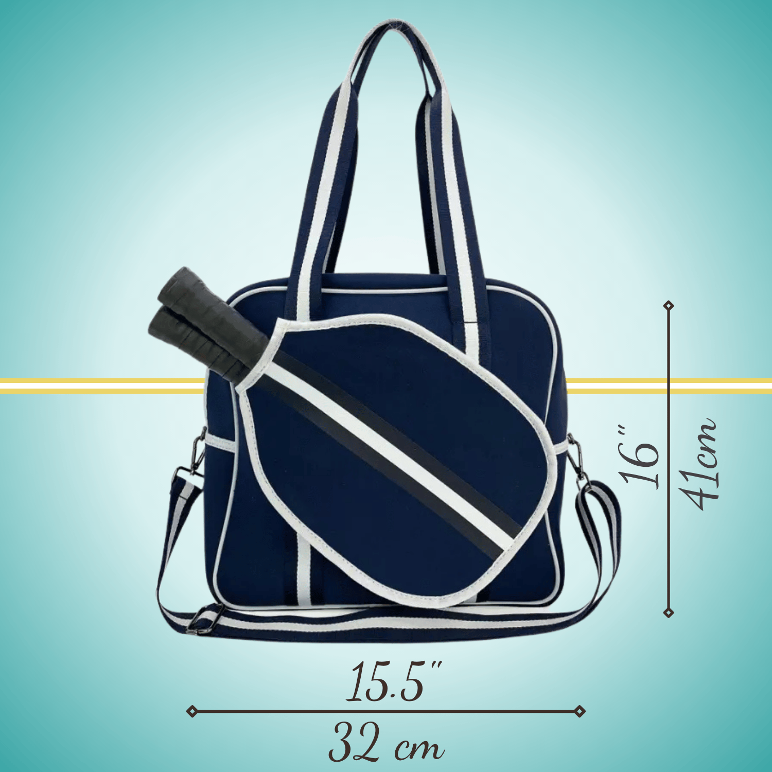 Navy women's pickleball tote bag with  white stripes, top handles, adjustable crossbody strap, and attached front paddle cover.